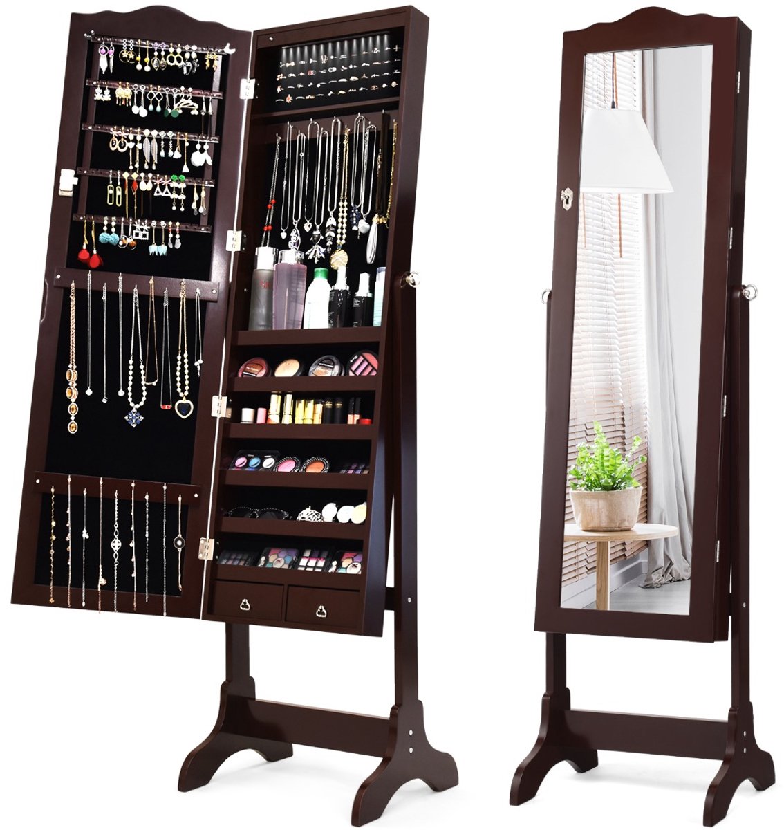 SureDeal® - Sieradenkast - Ledlampen Sieradenrek - Spiegel - Hele Lichaam Afsluitbaar - 41,5x37x160 cm - Koffiebruin