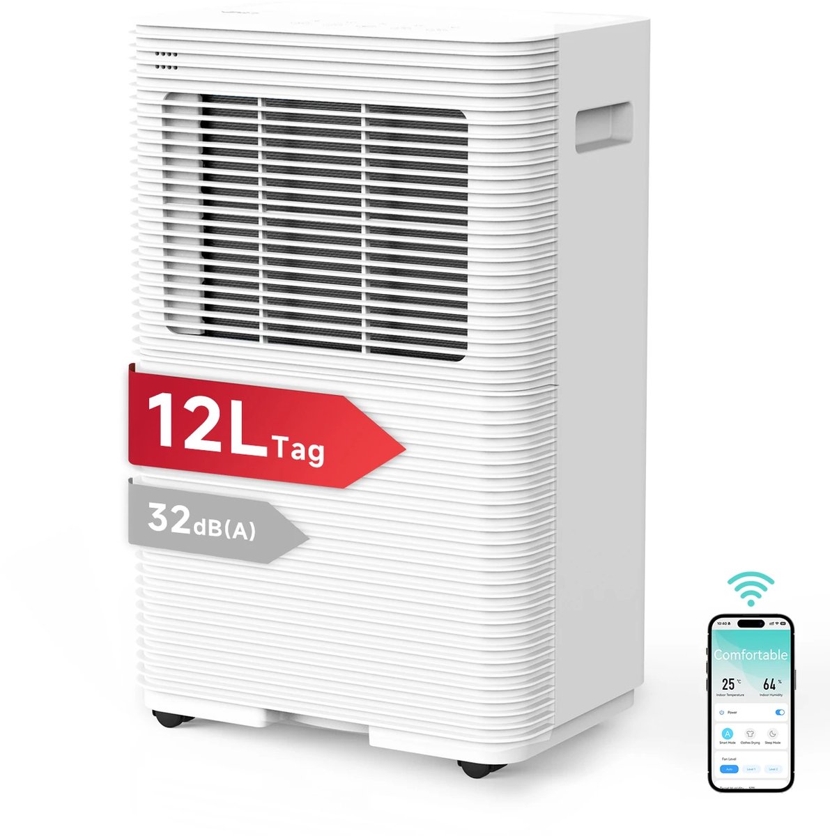 Luchtontvochtiger 12L/Dag – WiFi Bediening, 32 dB Slaapstand, 1,8L Watertank en 3 Modi, Voor 24 m²