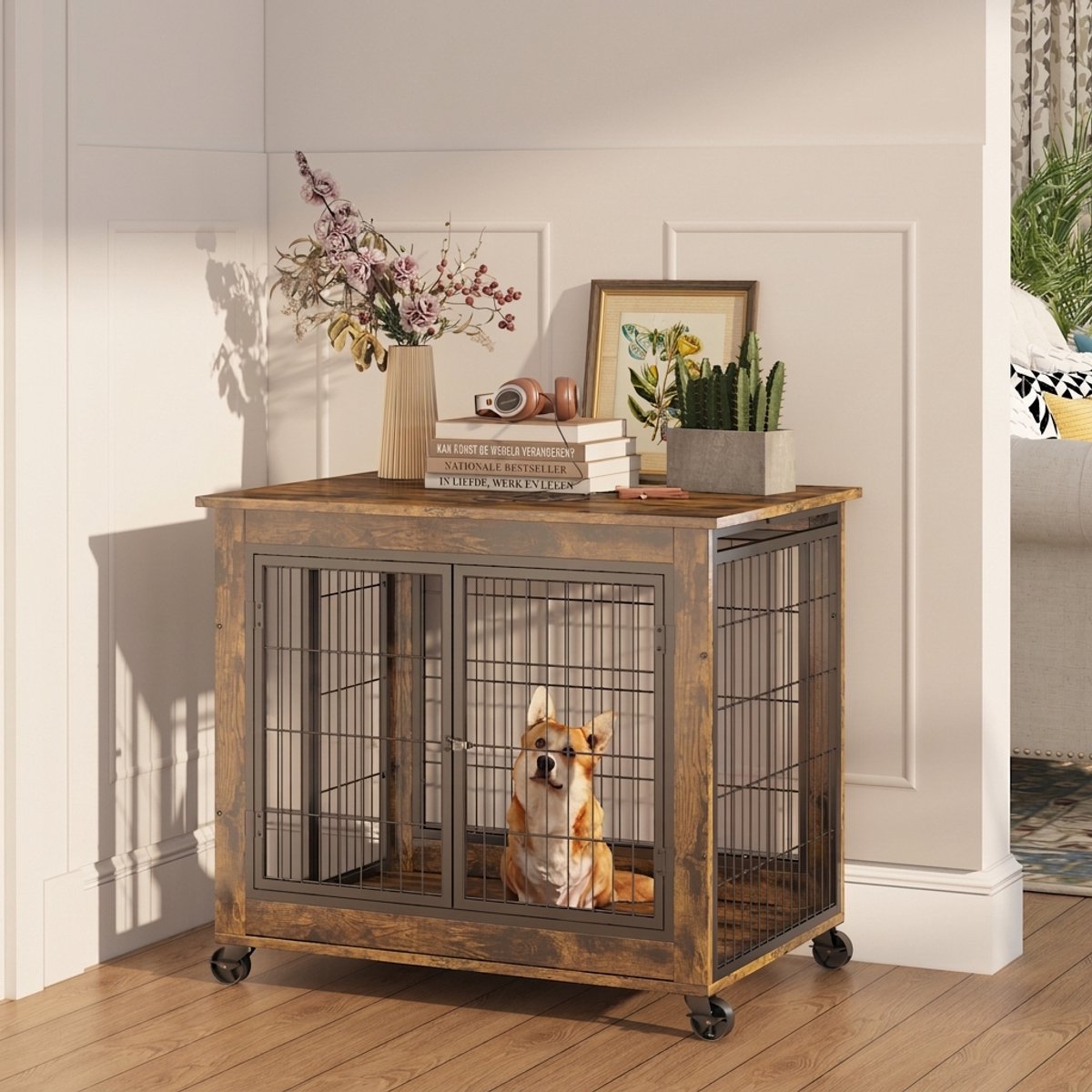 Hondenbench Meubel 80 x 56 x 69,5 cm – Houten Hondenkooi met Dubbele Deur, Openklapbaar Dak en Wielen – Vintagebruin