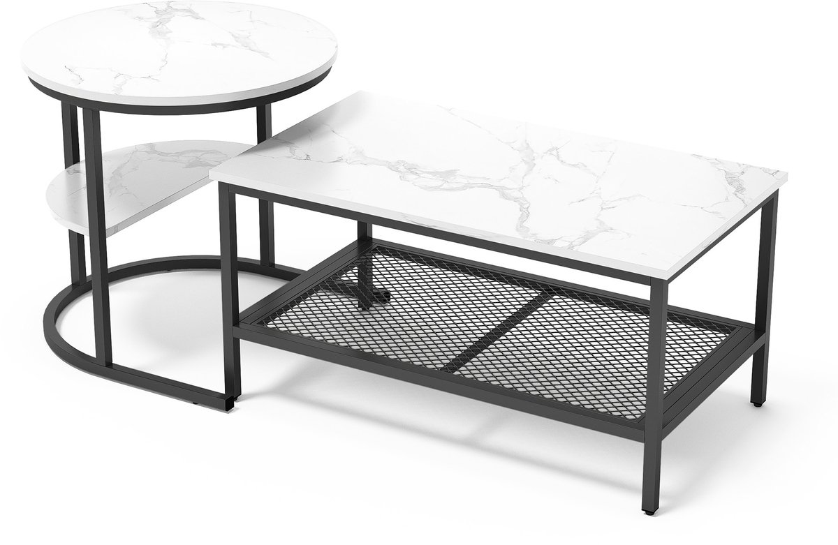 Yelenaro Salontafel Set van 2 - Marmerlook - Metalen frame - Grote Tafel 80x46cm, Kleine Tafel 52x52cm - Bijzettafeltjes Woonkamer - Zwart