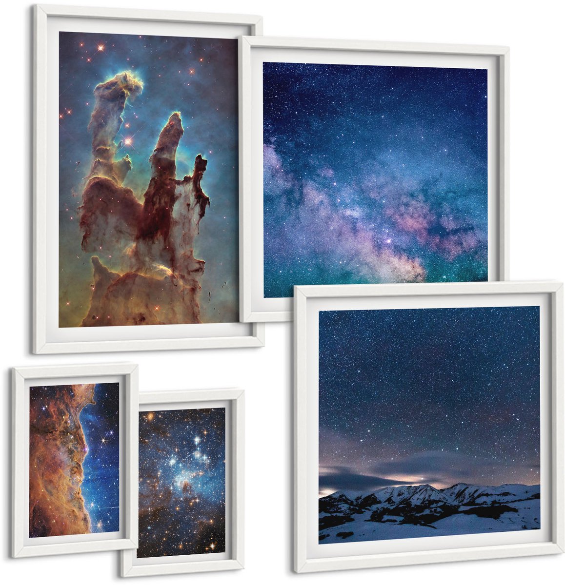 Wallfluent 5-Delige Schilderij Set - Kosmische Landschappen Van Sterrenstelsels En Nevels Aan De Nachtelijke Hemel - 50 x 50 cm, 20 x 30 cm En 40 x 60 cm - Muurdecoratie - Interieur Decoratie