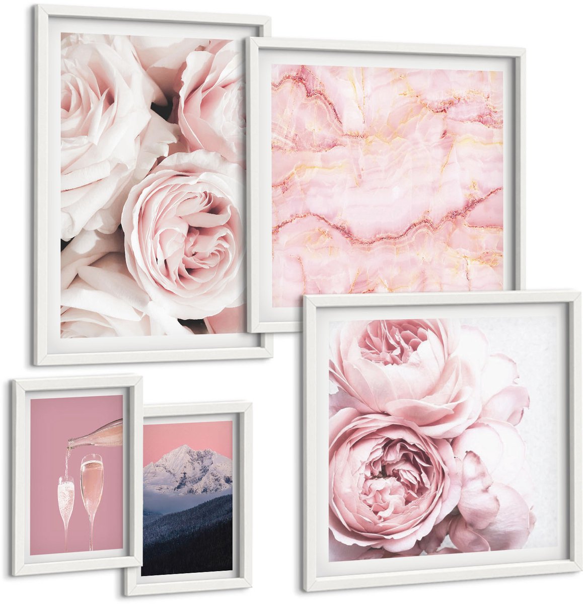 Wallfluent 5-Delige Schilderij Set - Roze Bloemen, Elegante Accenten En Delicate Patronen - 50 x 50 cm, 20 x 30 cm En 40 x 60 cm - Stijlvolle Muurdecoratie - Slaapkamer - Woonkamer Decoratie