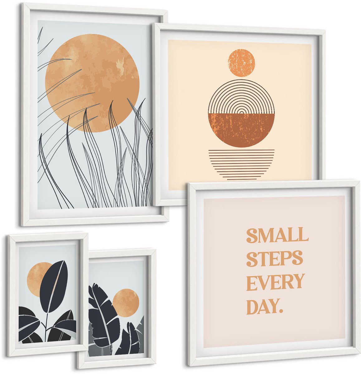 Wallfluent 5-Delige Schilderij Set - Stijlvolle Afbeeldingen Met Plantmotieven En Inspirerende Slogans. - 50 x 50 cm, 20 x 30 cm En 40 x 60 cm - Stijlvolle Muurdecoratie - Slaapkamer - Interieur Decoratie