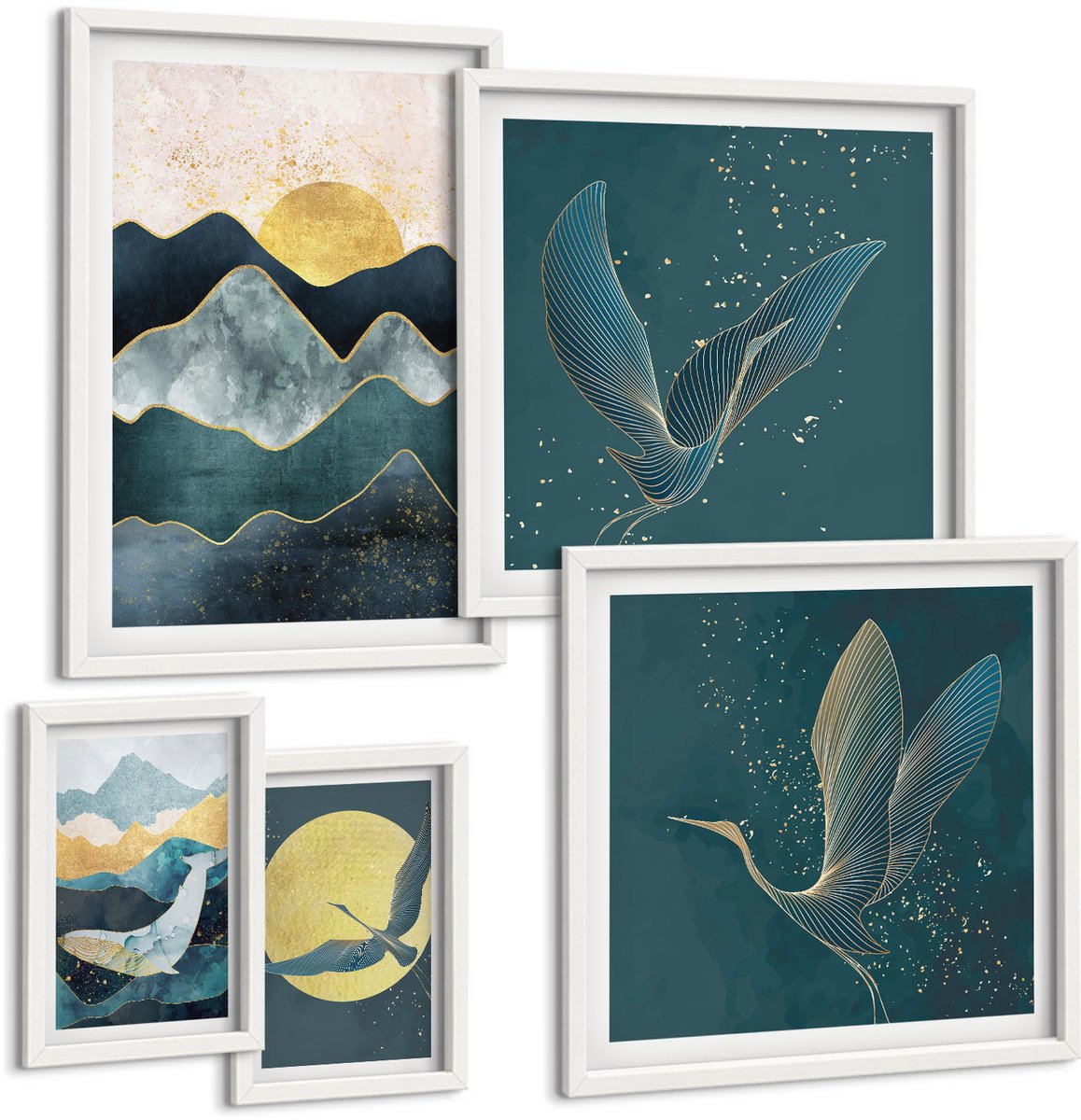 Wallfluent 5-Delige Schilderij Set - Stijlvolle Berglandschappen Met Vogels En Zon. - 50 x 50 cm, 20 x 30 cm En 40 x 60 cm - Moderne Wanddecoratie - Woonkamer