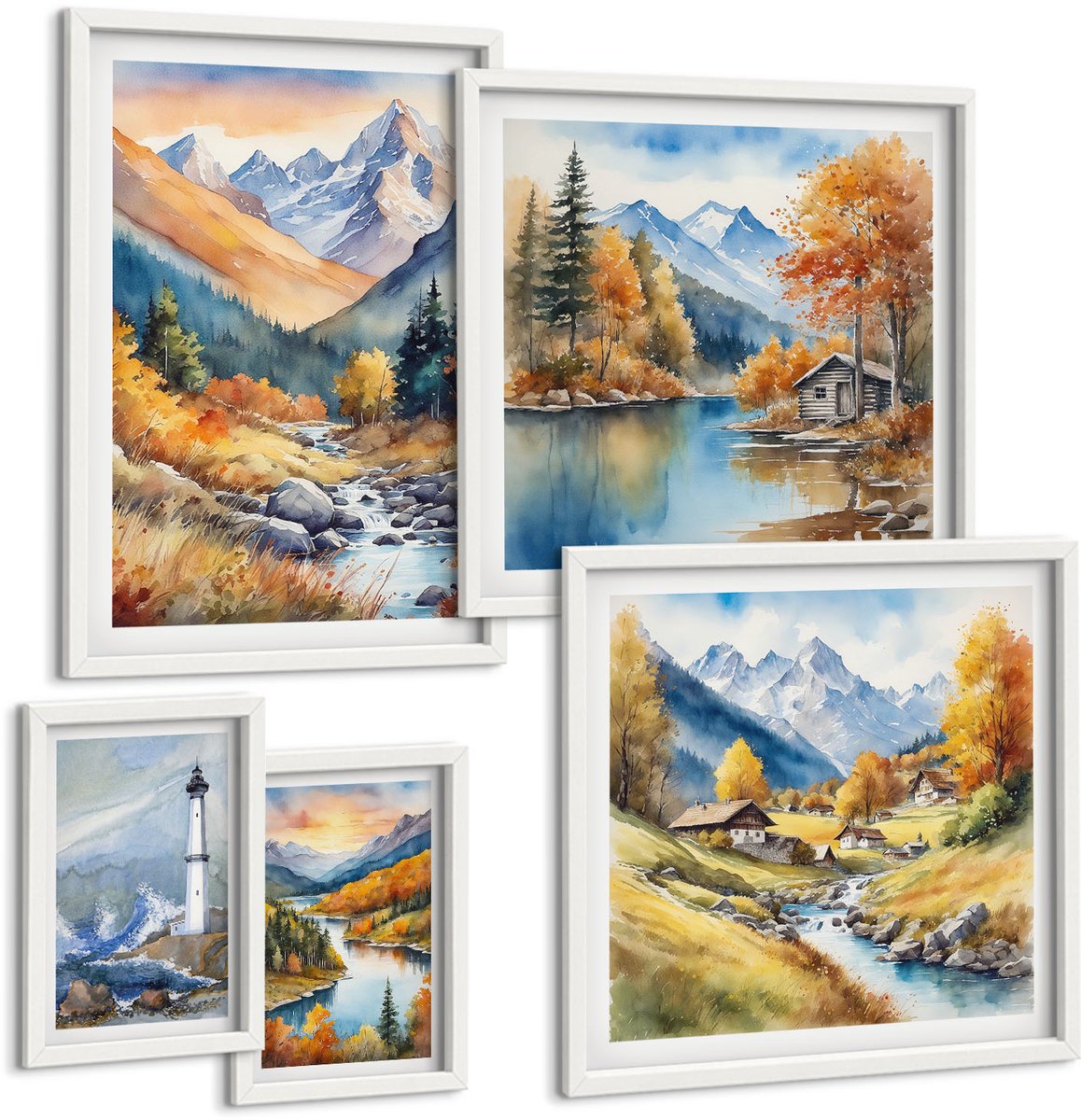 Wallfluent 5-Delige Schilderij Set - Berglandschappen Met Rivieren En Vuurtorens - 50 x 50 cm, 20 x 30 cm En 40 x 60 cm - Muurdecoratie - Interieur Decoratie