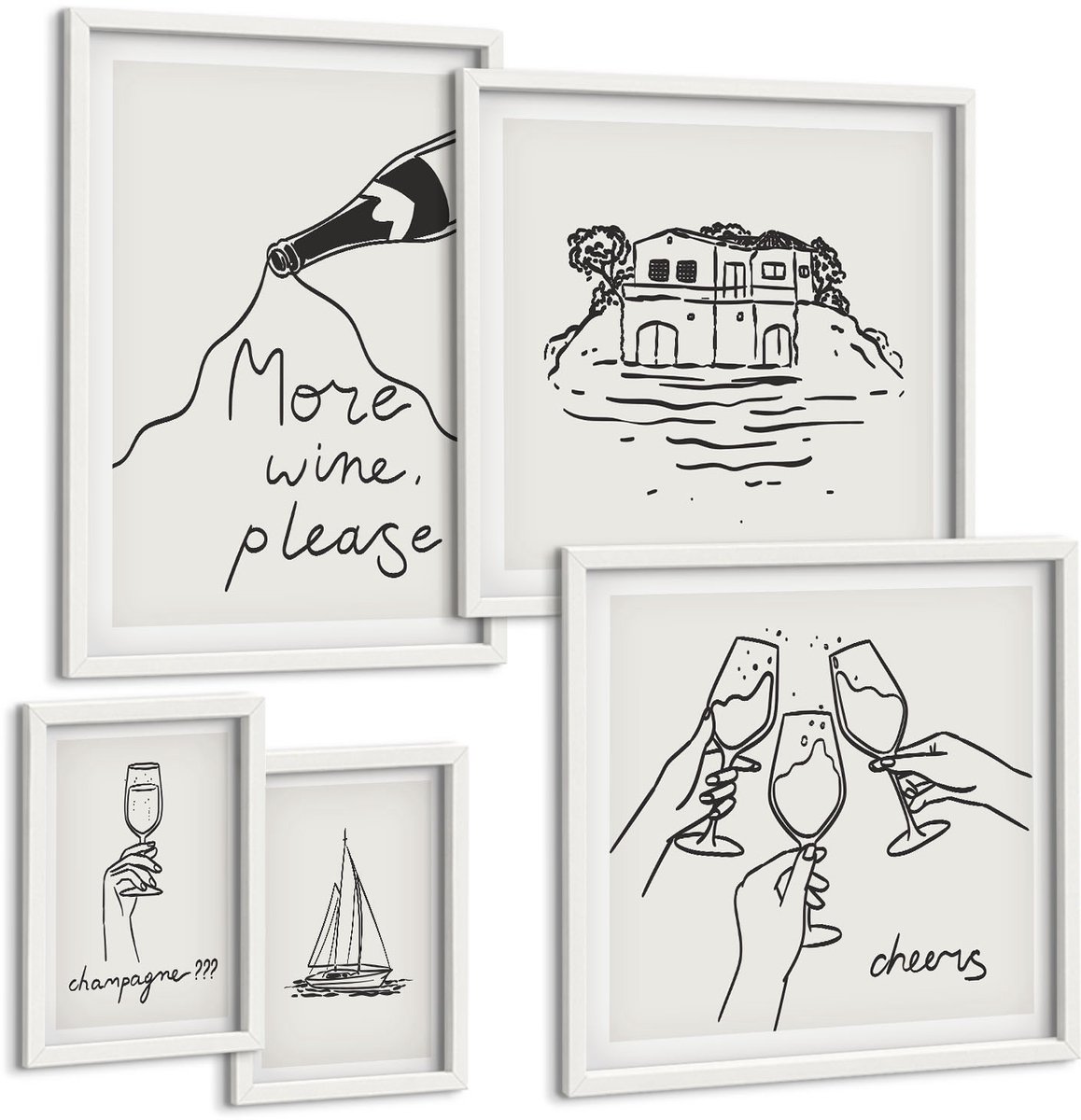 Wallfluent 5-Delige Schilderij Set - Stijlvolle Illustraties Voor Een Wijn- En Toastfeest. - 50 x 50 cm, 20 x 30 cm En 40 x 60 cm - Moderne Wanddecoratie - Woonkamer