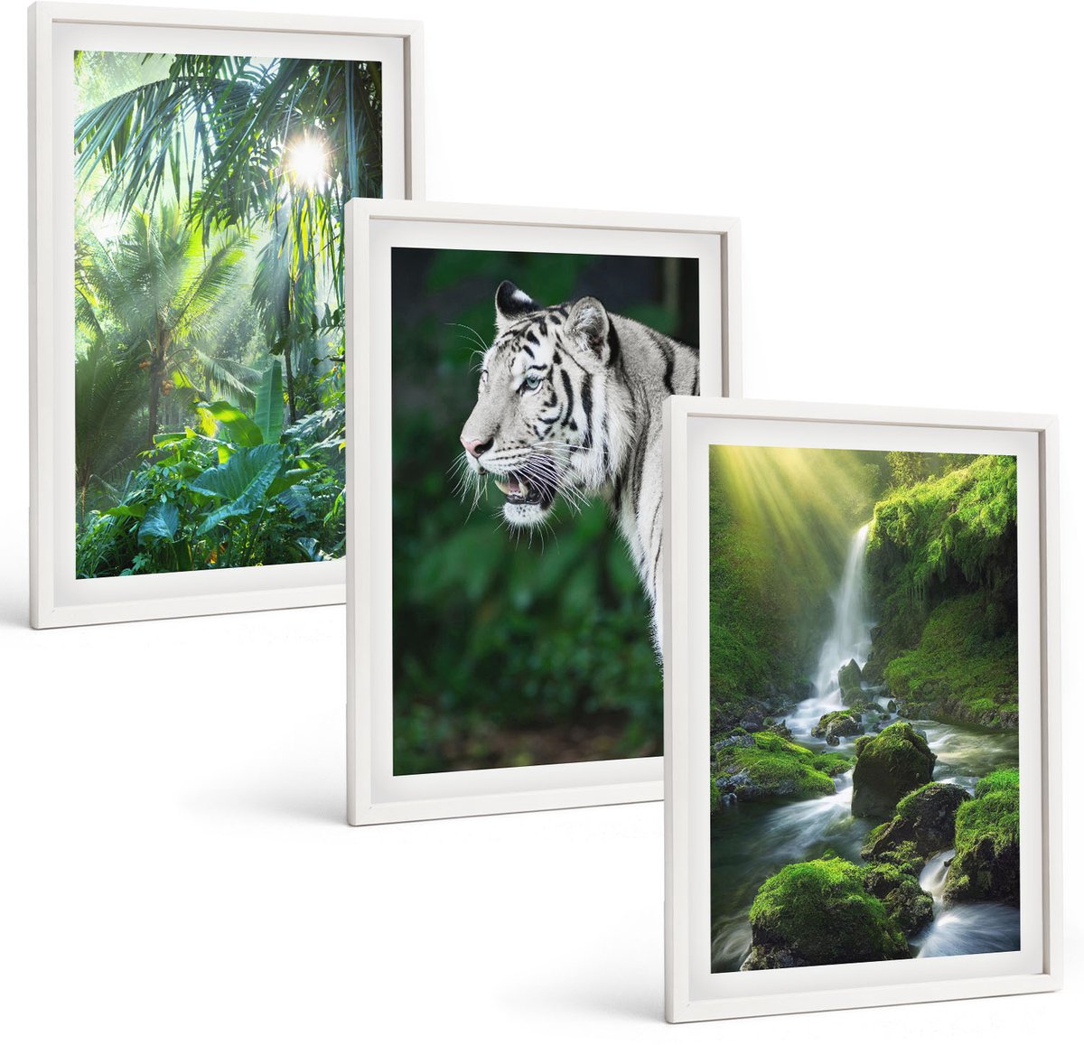 Wallfluent 3-Delige Schilderij Set - Jungle Met Een Witte Tijger En Een Wilde Waterval - 40 x 60 - Muurdecoratie - Interieur Decoratie - Woonkamer Decoratie