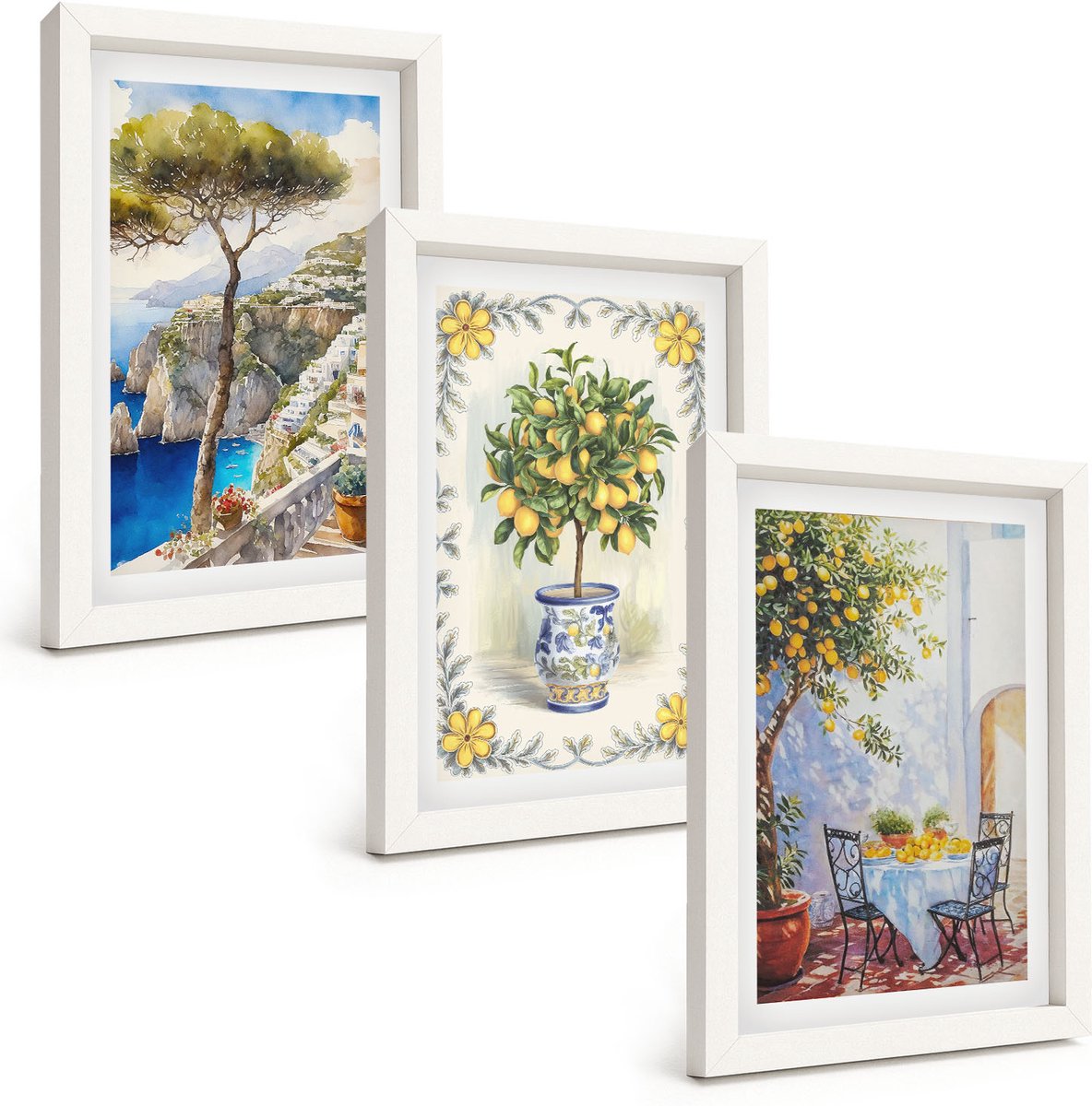 Wallfluent 3-Delige Schilderij Set - Uitzicht Op Zee Met Citroenbomen - 20 x 30 - Decoratieve Schilderijen - Wanddecoratie - Hal - Muurdecoratie