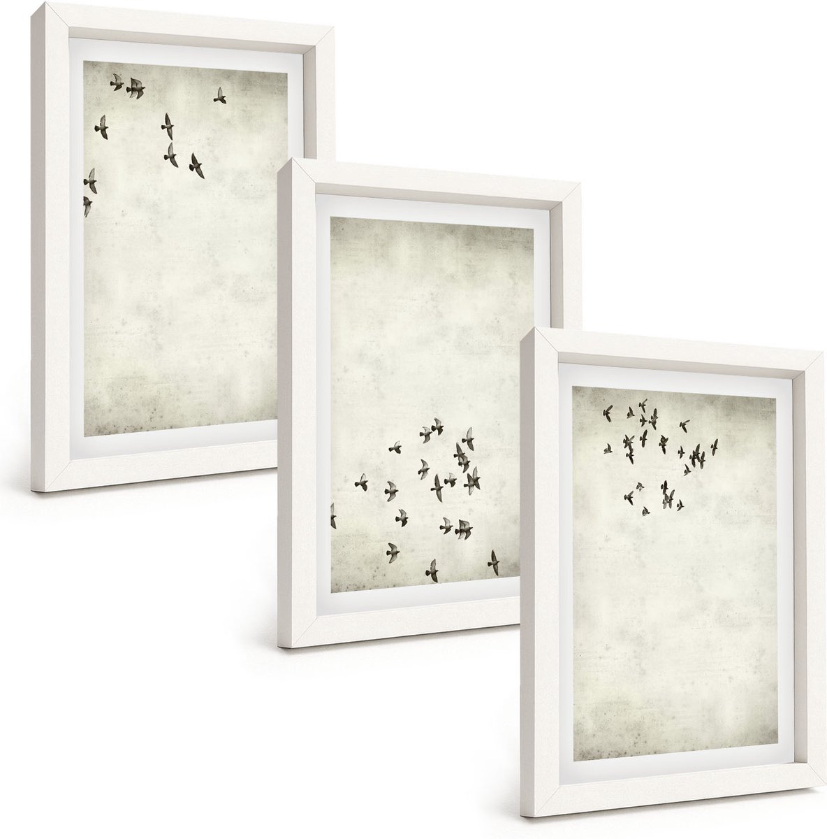Wallfluent 3-Delige Schilderij Set - Minimalistisch Schilderij Van Vliegende Vogels - 20 x 30 - Moderne Wanddecoratie - Slaapkamer
