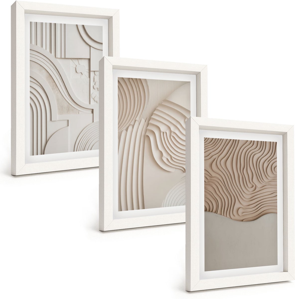 Wallfluent 3-Delige Schilderij Set - Abstracte Patronen In Beige En Witte Tinten. - 20 x 30 - Stijlvolle Wanddecoratie - Interieur