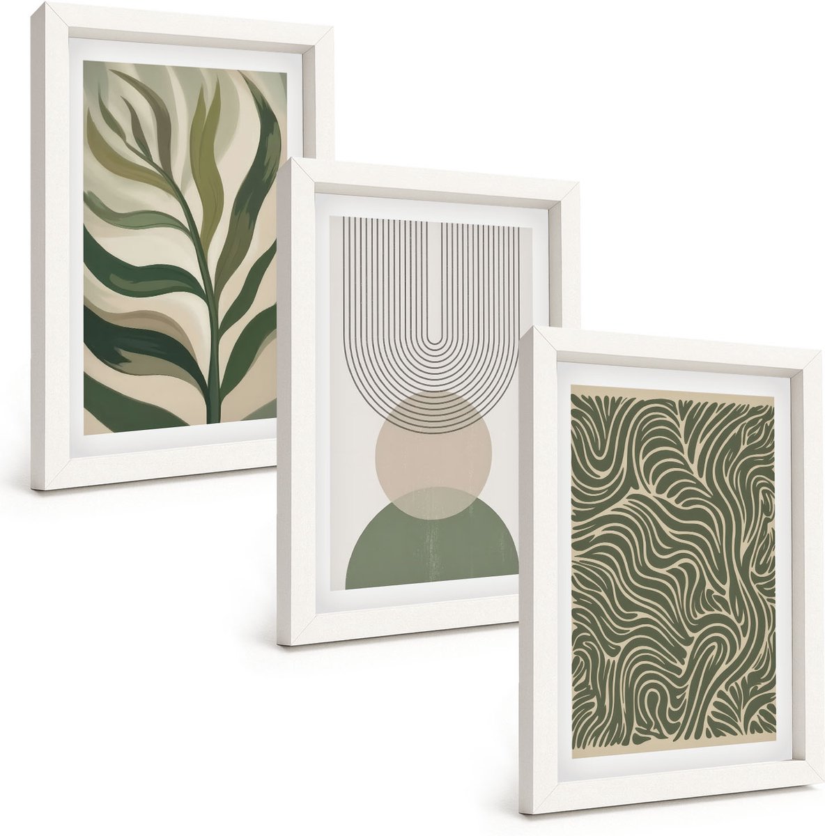 Wallfluent 3-Delige Schilderij Set - Abstracte Bladeren En Geometrische Vormen - 20 x 30 - Moderne Wanddecoratie - Woonkamer - Decoratieve Schilderijen