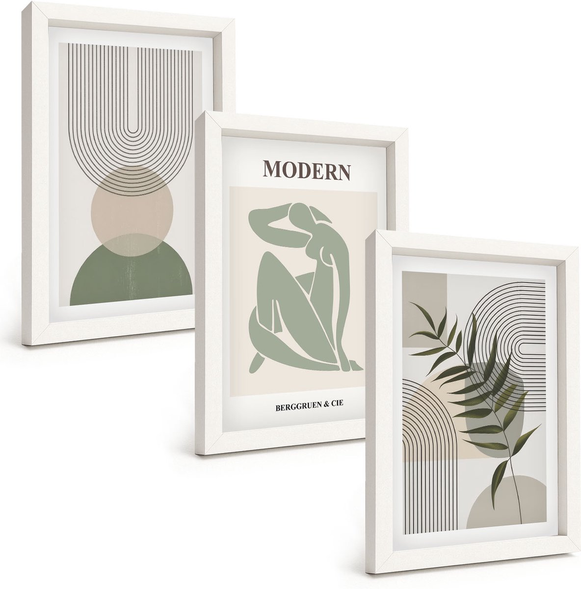 Wallfluent 3-Delige Schilderij Set - Stijlvolle Afbeeldingen Met Abstracte Vormen En Planten. - 20 x 30 - Moderne Wanddecoratie - Woonkamer - Stijlvolle Muurdecoratie
