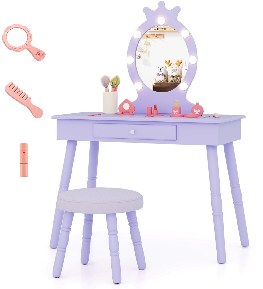 SureDeal® - Kaptafel - Prinsessenkaptafel - Afneembare Spiegel - Lades Kinderkaptafel Paars - 70x34x99 cm - Paars