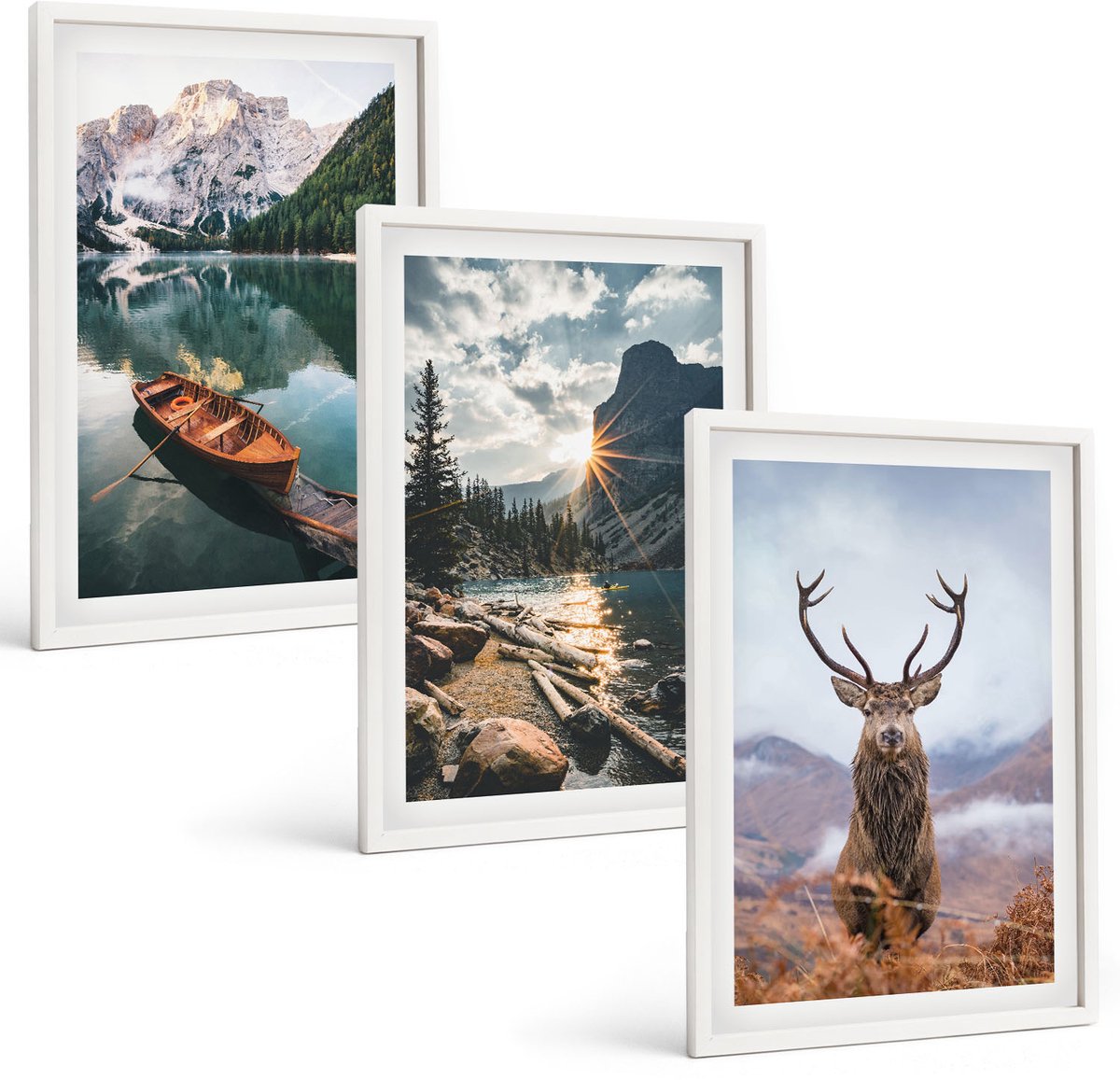 Wallfluent 3-Delige Schilderij Set - Bergmeer Lodz Zonsondergang Hert In De Natuur - 40 x 60 - Wanddecoratie - Moderne Interieurdecoratie - Woonkamer Decoratie