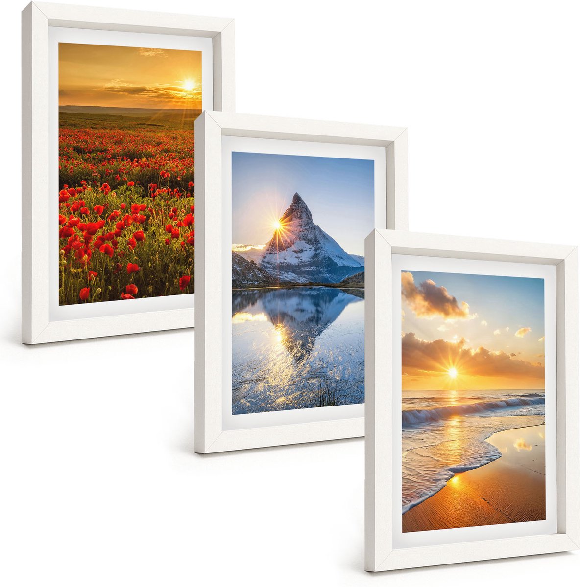 Wallfluent 3-Delige Schilderij Set - Berg- En Kustlandschappen Met Zonsondergang - 20 x 30 - Decoratieve Schilderijen - Woonkamer - Interieur - Stijlvolle Muurdecoratie