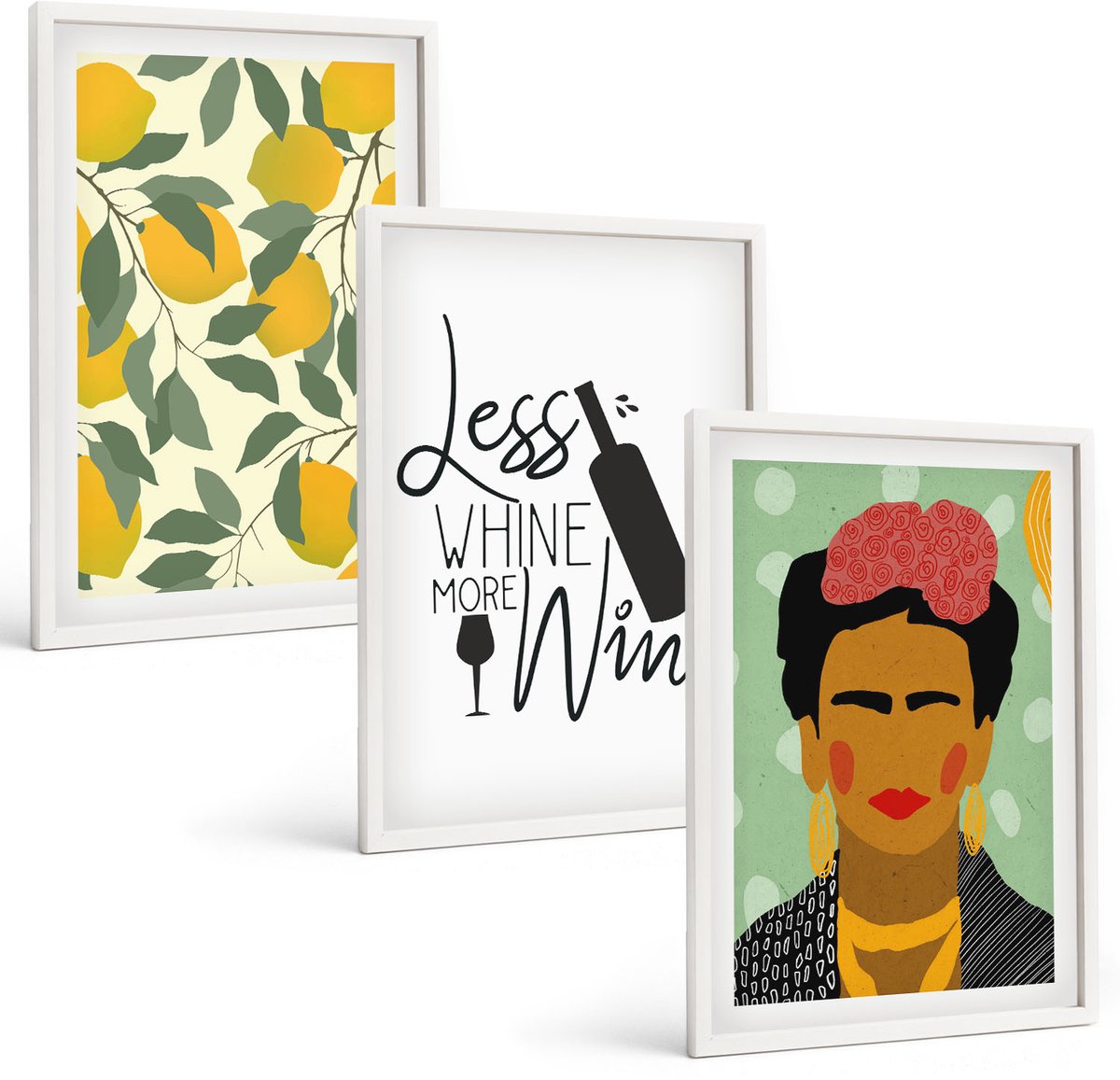 Wallfluent 3-Delige Schilderij Set - Citroenen Wachtwoord Over Wijn Portret Van Frida Kahlo - 40 x 60 - Muurdecoratie - Decoratieve Schilderijen - Wohnzimmer - Interieur Decoratie