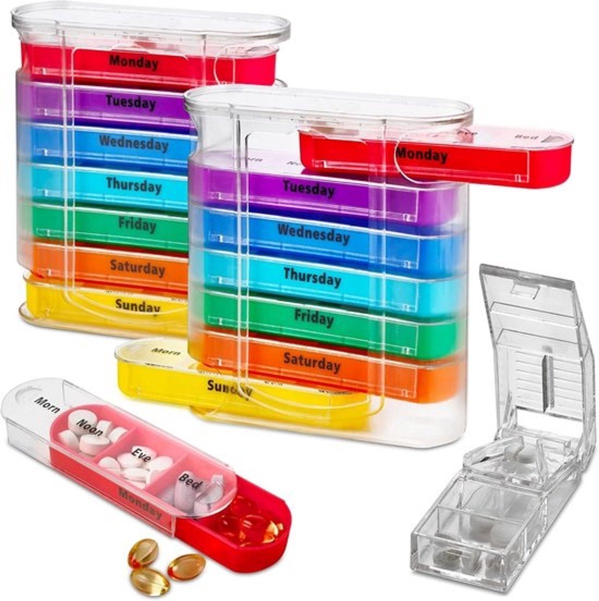 Wekelijkse Pillenorganizer met Pillensnijder - Stapelbare Medicatie Organizer voor 4 Doses Per Dag