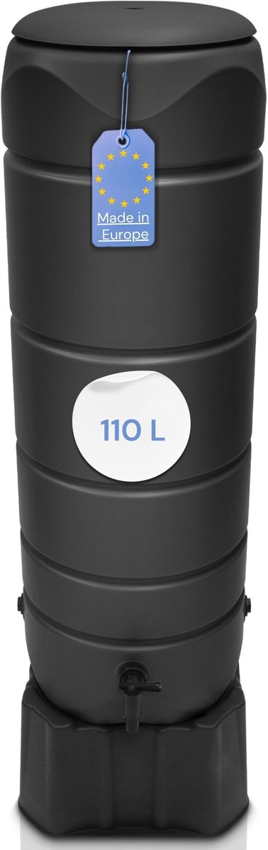 Famanu – Regenton van 110 liter met standaard, deksel en kraan, vorstbestendig kunststof, ideaal voor tuin en regenwateropvang, antraciet