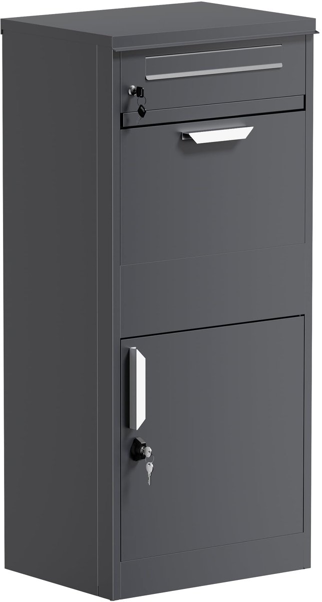 Famanu – Antraciet pakketbrievenbus, staande brievenbus voor pakketten, vrijstaand pakketbox voor grote postpakketten, afmetingen 500 x 370 x 1120 mm