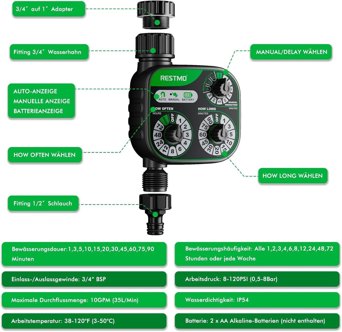 Multifunctionele Irrigatie Controller met Drie Knoppen, Ideaal voor Tuinslangen, Buitentaps en Gazonsystemen, 1 Zone Timer