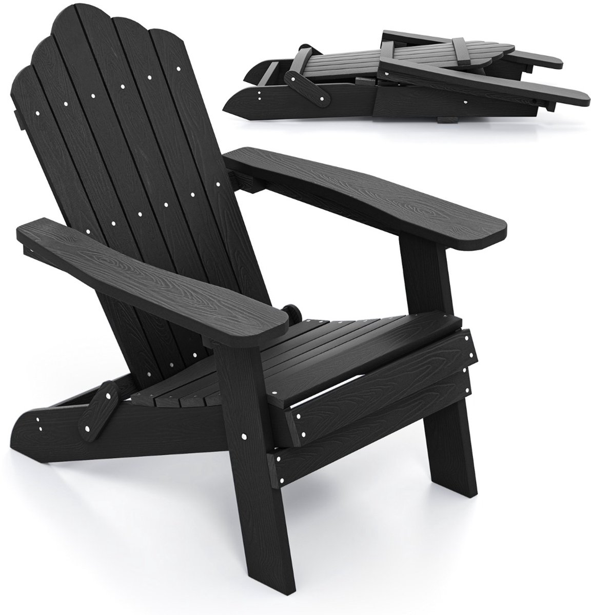 SureDeal® - Tuinstoel - Opvouwbare Adirondack Stoel - Brede Armleuningen - Aflopende Rugleuning Buiten - 88x77x95 cm - Zwart