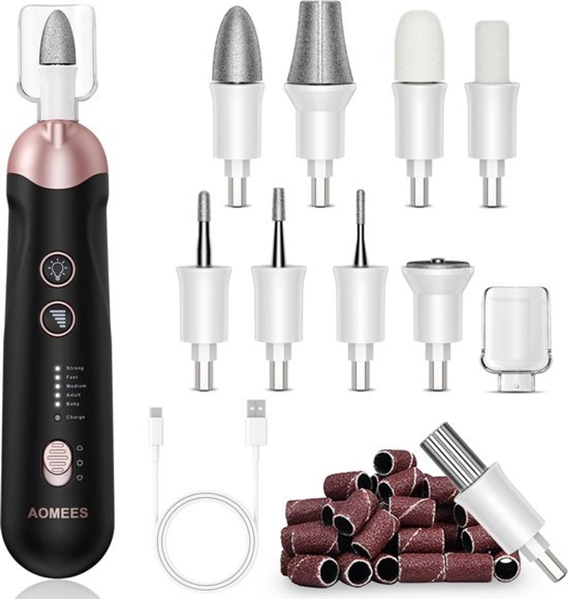 SnelShoppen - AOMEES Elektrische Nagelfrees Set voor Manicure & Pedicure - 9 Opzetstukken, 5 Snelheden, LED-Licht en Opbergtas voor Thuisgebruik