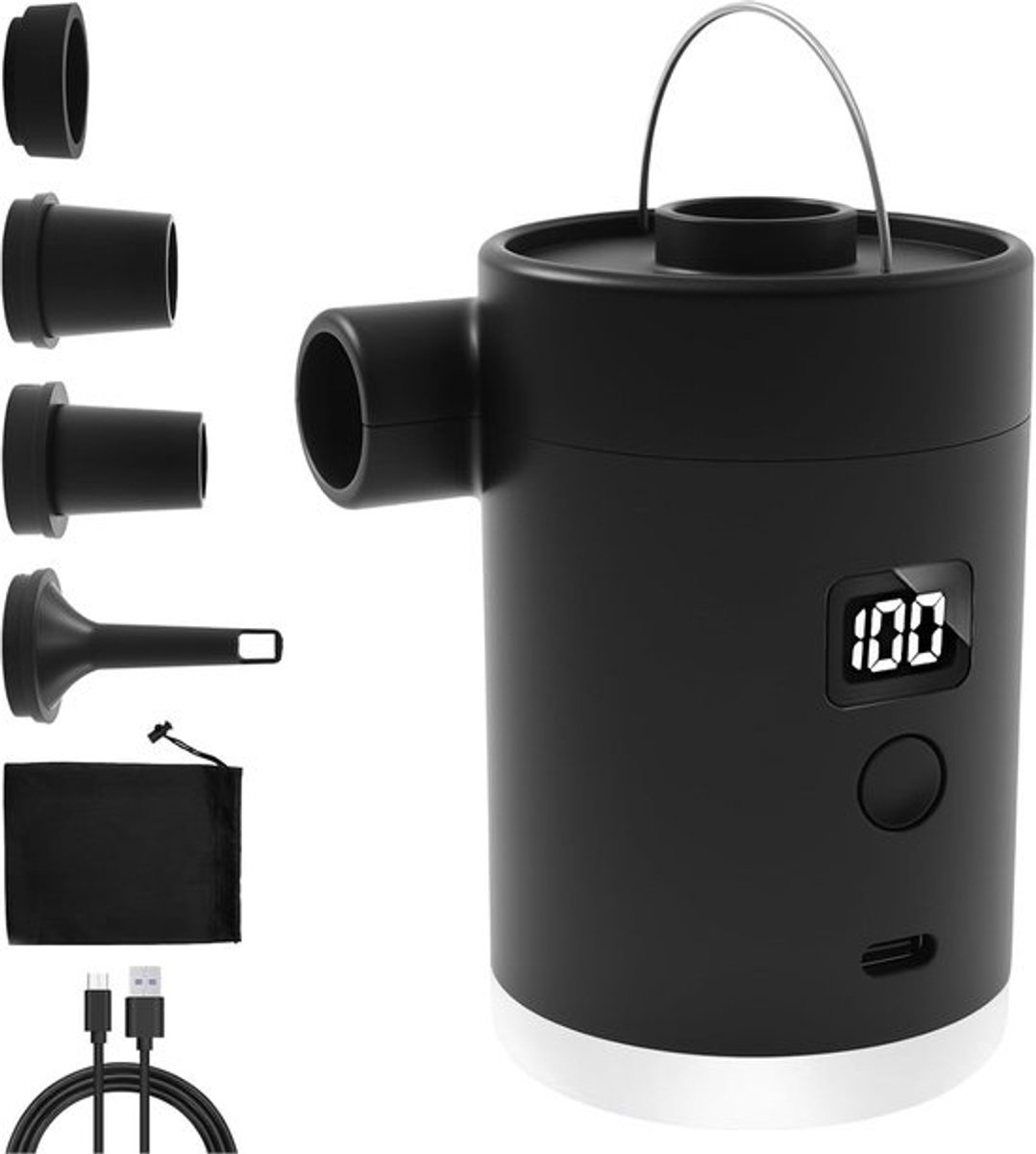 Elektrische Luchtpomp - Oplaadbare Accu Pomp - Snel Opblazen Leeglopen - Ingebouwde Campinglamp - Mini Draagbaar Design - Zwart Wit Opties