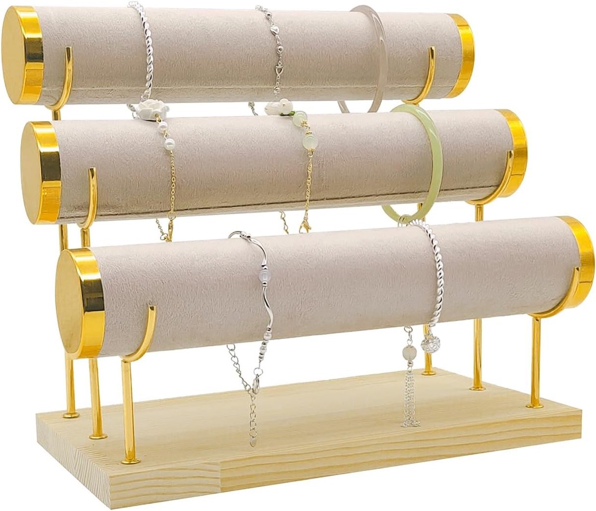 Drie lagen armbandhouder en organizer met afneembare displaystand, fluwelen opbergrek voor armbanden, horloges, kettingen en haaraccessoires
