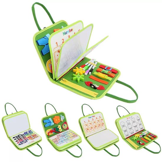 Montessori Activiteitenboek Dieren, Voel‑en‑doek Busy Board Boek - Leer Veter Strikken en Klok Lezen - Draagbaar Educatief Motoriek Speelgoed Voor Kinderen - Perfect Voor Thuis en Op Vakantie - Groen — afbeelding 3