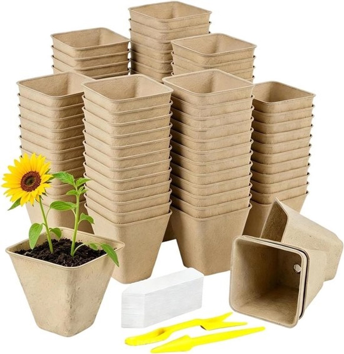 Kiempotten Set - Kweekbakjes Vierkant - Planten Opkweken - Natuurlijke Wortelgroei - 70 Stuks - Bruin