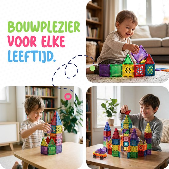 Jonge kinderen bouwen met felgekleurde magnetische bouwblokken in de vorm van torens en huizen.