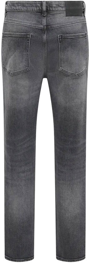 Donkergrijze denim jeans, achterkant, rechte pijpen, gewassen look.