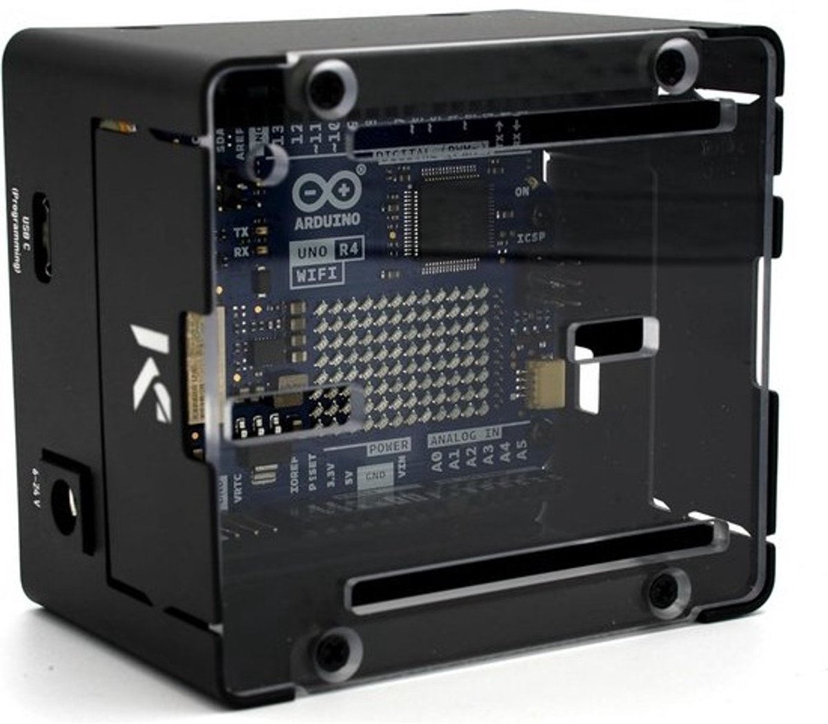 Projectbehuizing voor Arduino UNO R4 met Transparant Deksel en Stalen Basis
