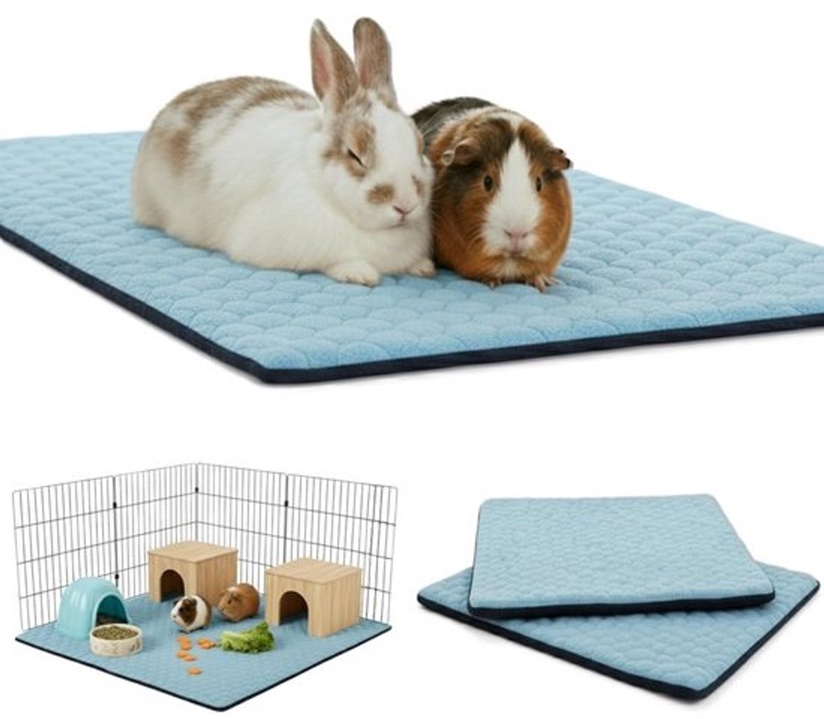 2-Pack Katoenen Bodembedekkers voor Konijnen- en Caviaverblijven, Waterdicht en Absorberend, 105x105 cm Blauw