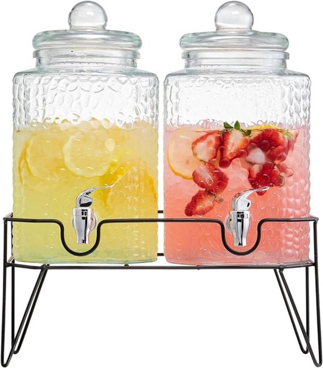 Set van 2 Glazen Drankdispensers met Standaard - 6 Liter Drankkan met Kraan voor Feest, Limonade, Punch en Water