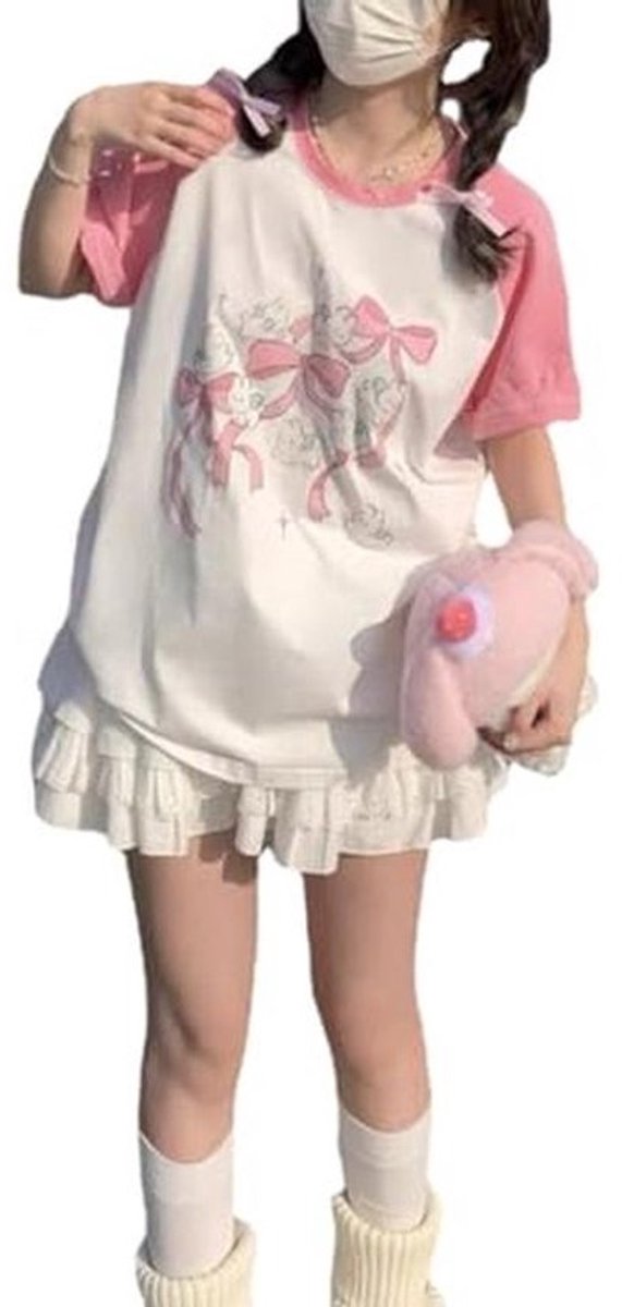 Oversized Kawaii T-shirt voor Dames - Schattig Roze Anime Tee met Cartoon Print