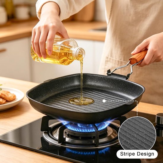 Inductie Grillpan - Steakpan Koekenpan - Vlees Grillen - Opklapbaar Handvat - 28 x 28 cm - Zwart — afbeelding 5