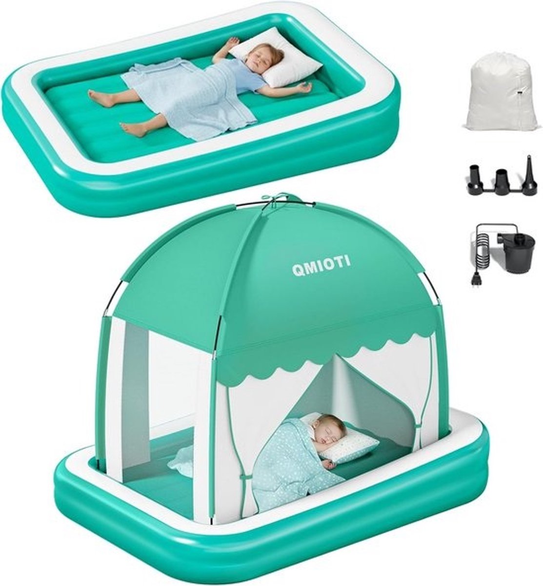 Opblaasbaar Peuter Reisbed met Tent en Veiligheidsbumpers voor Thuis en Camping