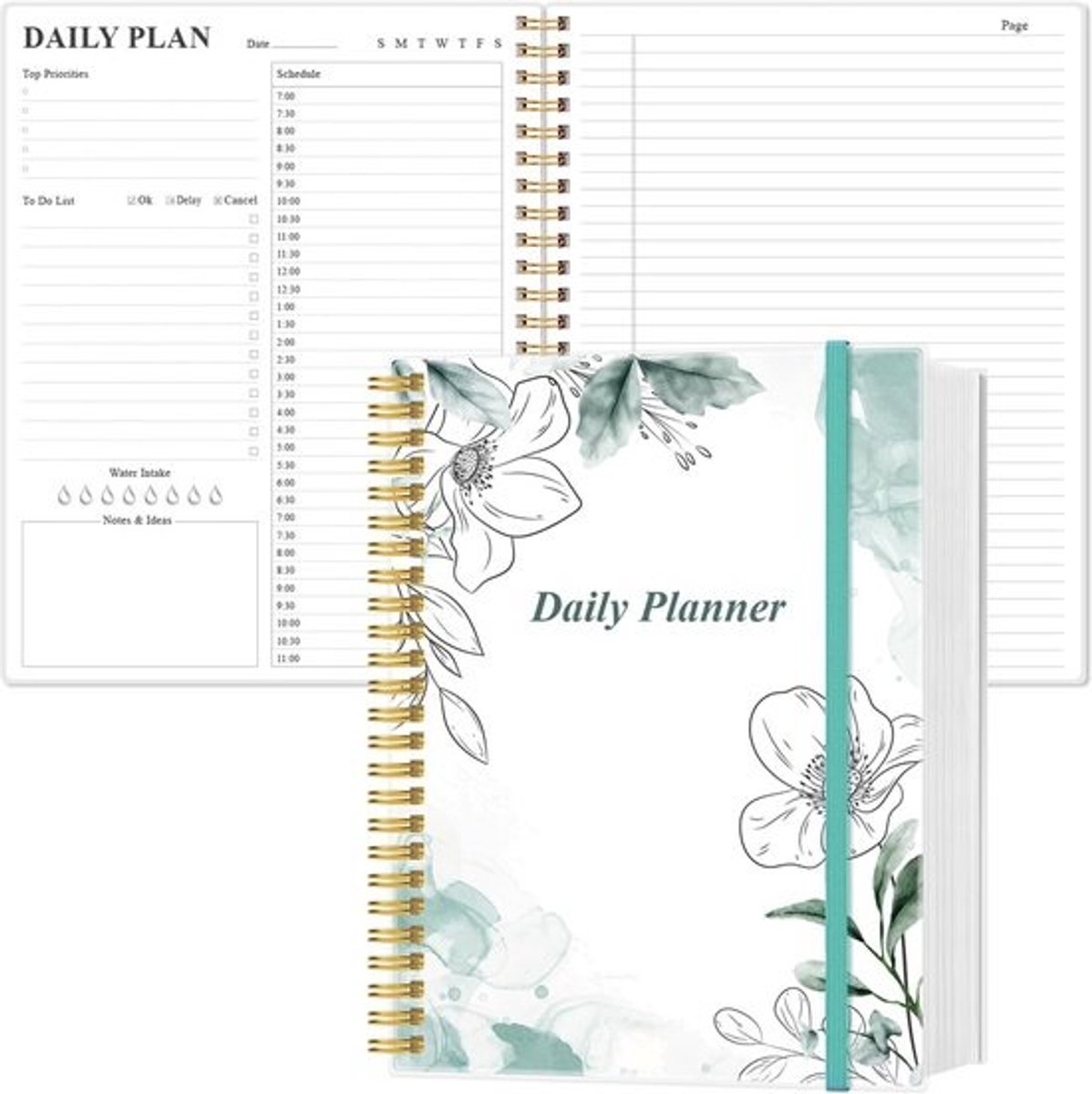 Undated dagplanner 21,5x29 cm – 150 vellen, 300 pagina's, dagelijkse planning met prioriteiten, takenlijst en notities, PVC harde kaft, binnenste zak en elastische sluiting