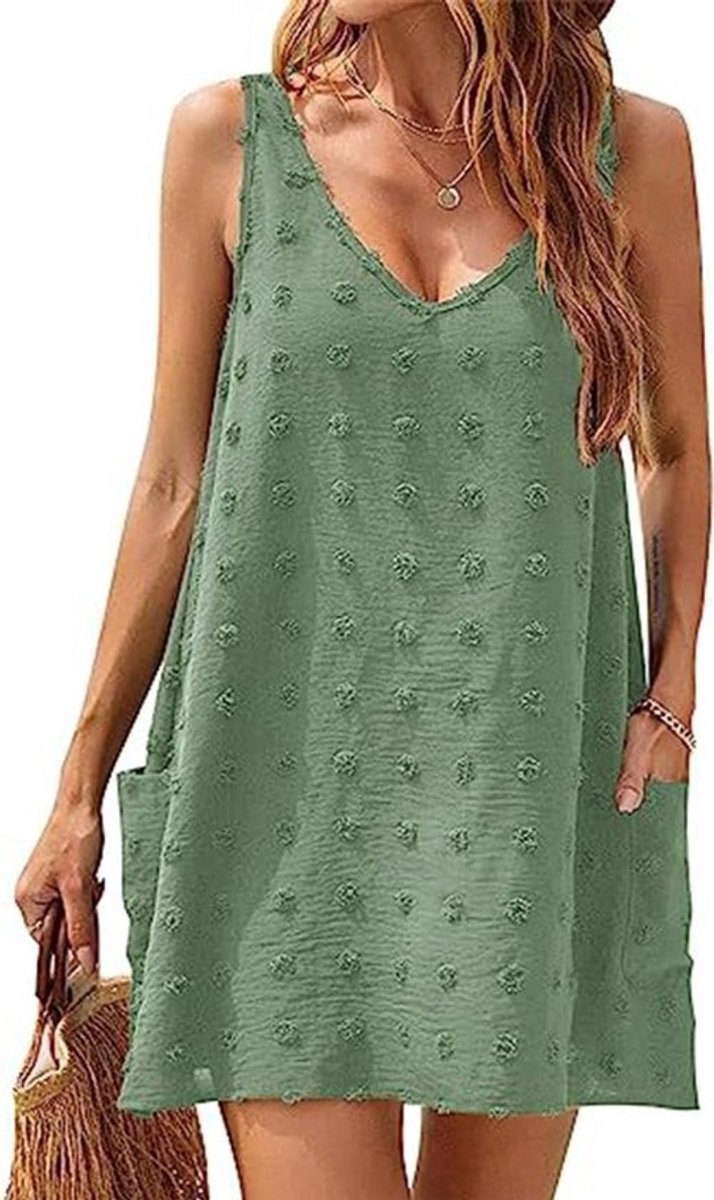 Zomerjurk Dames Mouwloos V-Hals Strandjurk Casual Strandkleding met Zakken