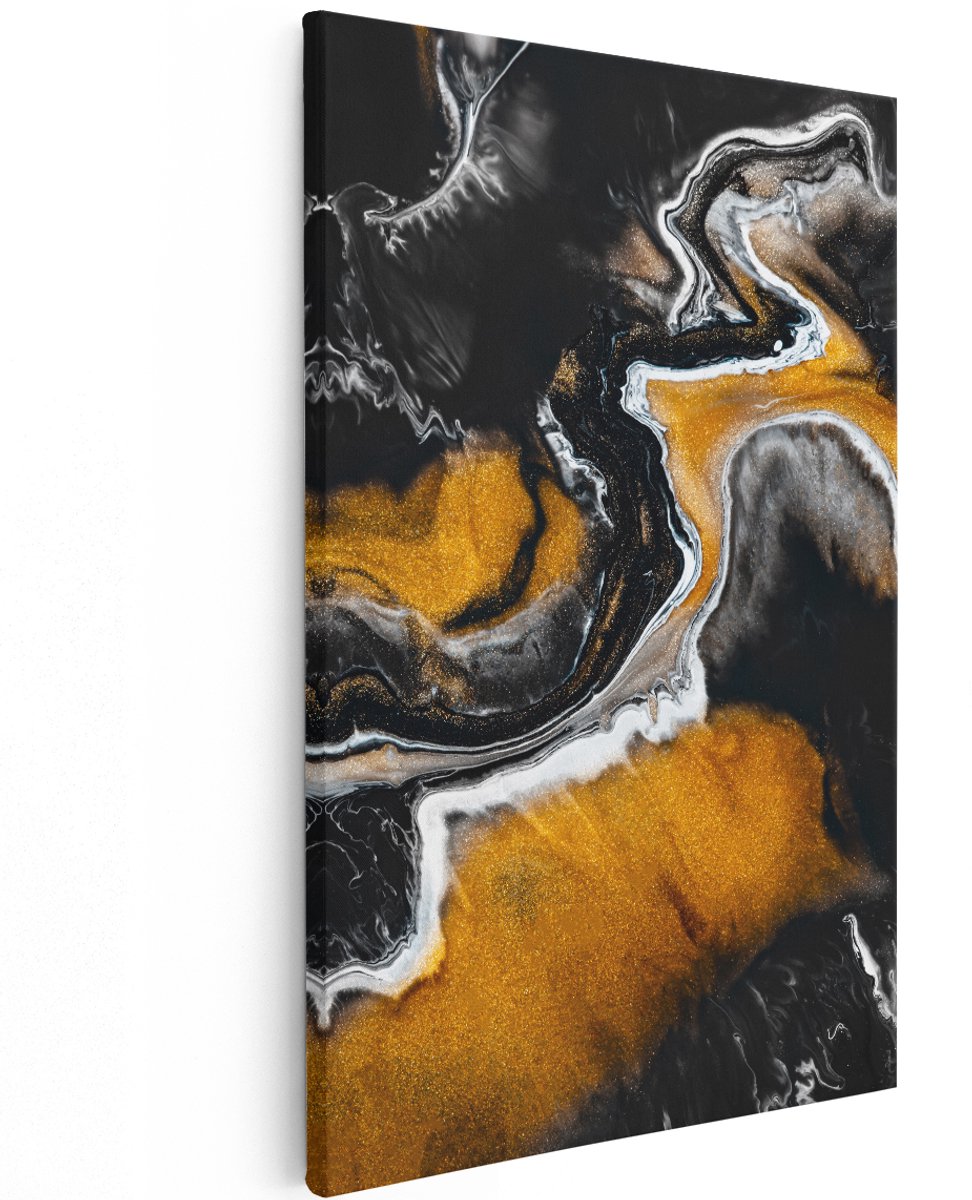 Artaza Canvas Schilderij Abstracte Kunst van Zwarte Gouden Verf - 120x180 cm - Groot - Wanddecoratie Woonkamer - Schilderijen - Muurdecoratie