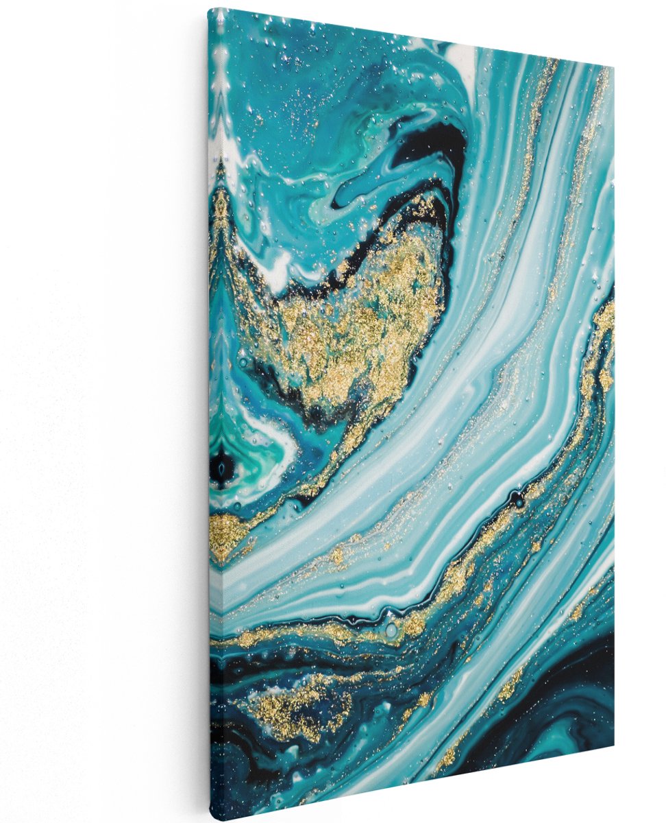 Artaza Canvas Schilderij Abstracte Luxe Kunst in het Blauw met Goud - 120x180 cm - Groot - Wanddecoratie Woonkamer - Schilderijen - Muurdecoratie