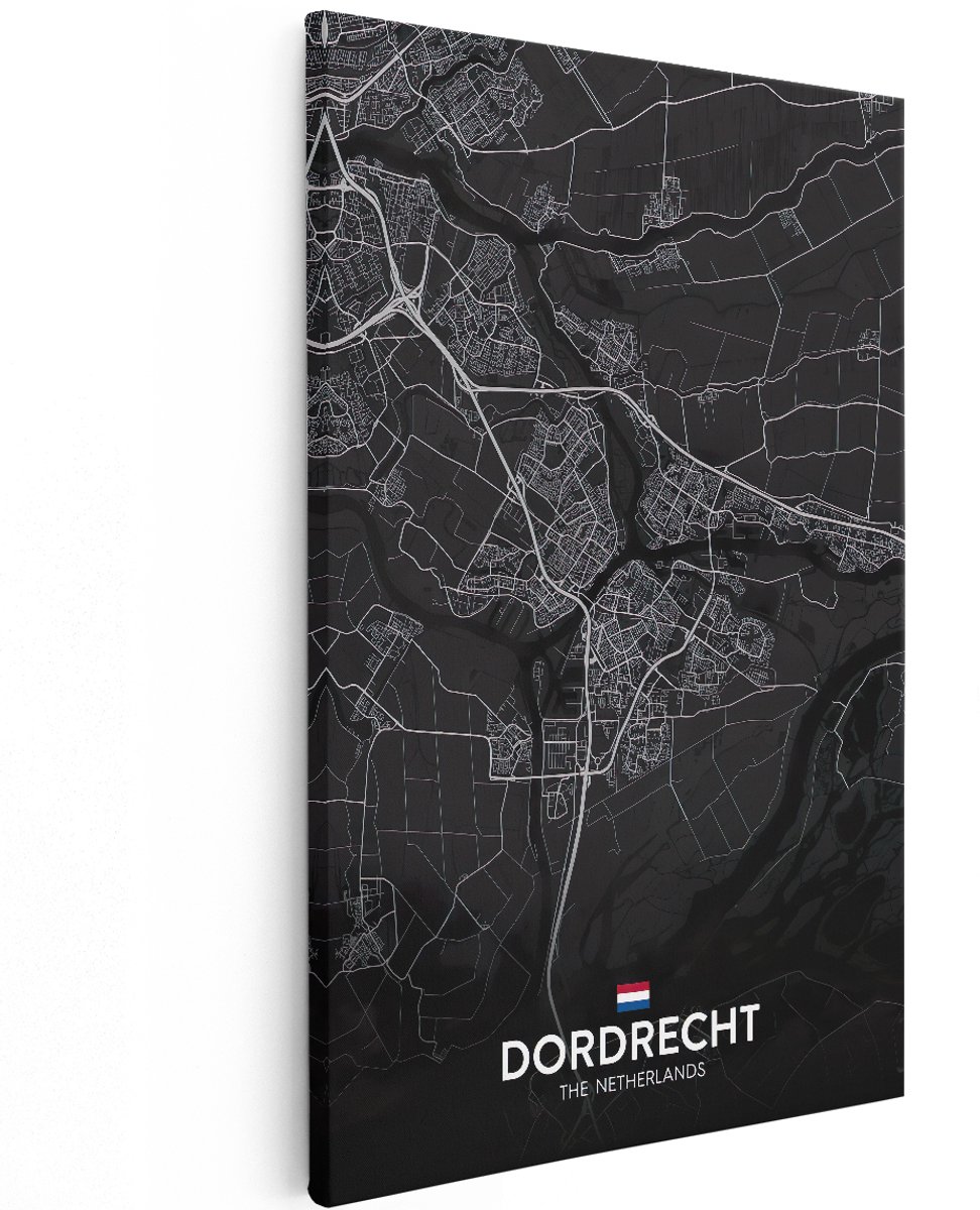 Artaza Canvas Schilderij Stadskaart Dordrecht in het Zwart - 120x180 cm - Groot - Muurdecoratie - Canvas Print