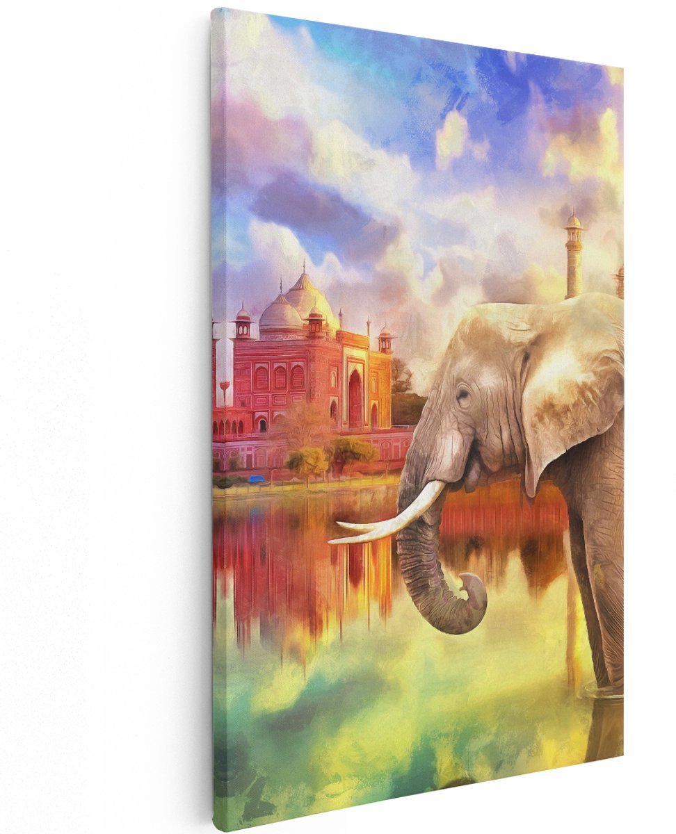Artaza Canvas Schilderij Getekende Olifant Bij Taj Mahal - Abstract - 120x180 cm - Groot - Wanddecoratie Woonkamer - Schilderijen - Muurdecoratie