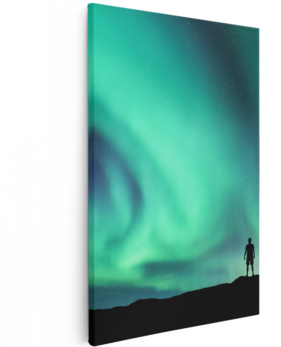 Artaza Canvas Schilderij Man bij het Groene Noorderlicht - 120x180 cm - Groot - Wanddecoratie Woonkamer - Schilderijen - Muurdecoratie