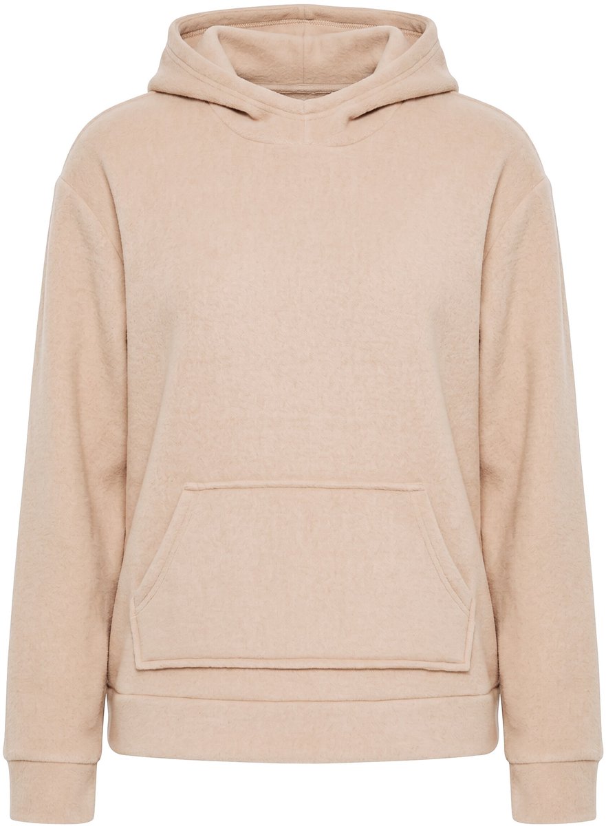 Ulla Popken - Dames - Fleece-hoodie capuchon kangoeroezak lange mouwen - Lichtbruin - Maat 50+