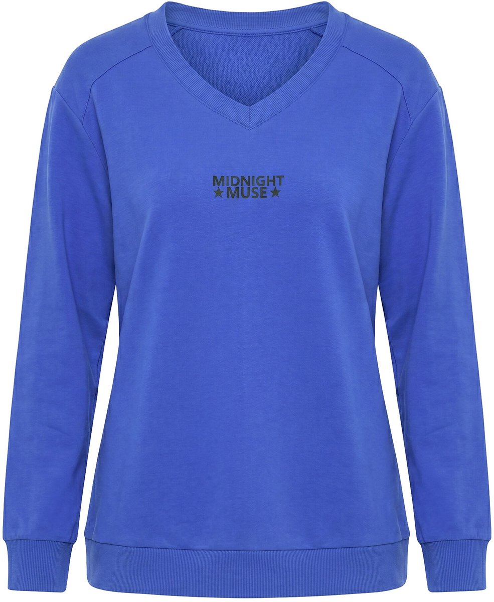 Ulla Popken - Dames - Sweater tekstmotief V-hals lange mouwen - Pauwenblauw - Maat 50+