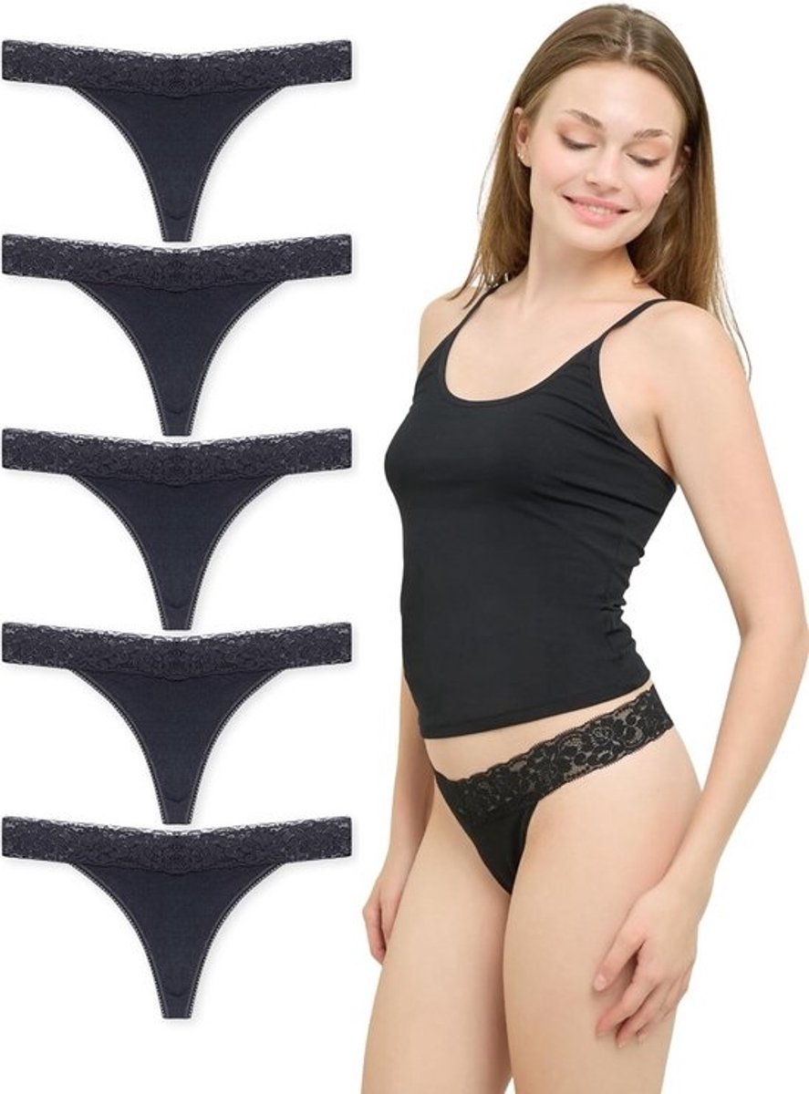 5-Pack Dames Tanga Ondergoed met Brede Kant van Biologisch Katoen - Comfortabel en Onzichtbaar