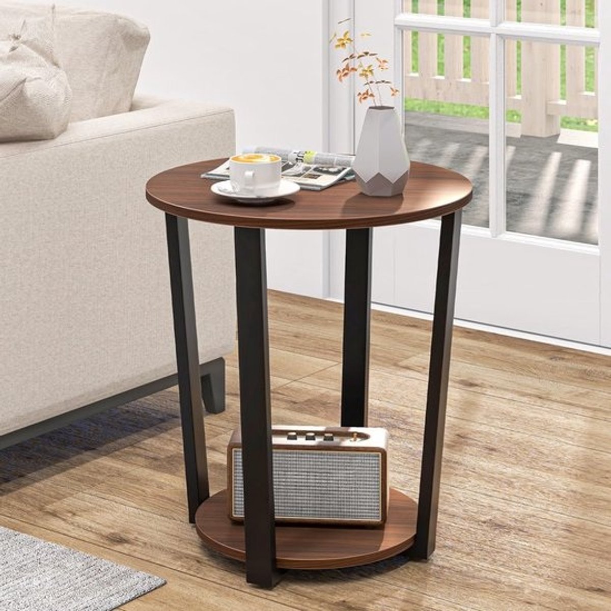 Ronde Bijzettafel met 2 Niveaus en Open Plank, Industrieel Design