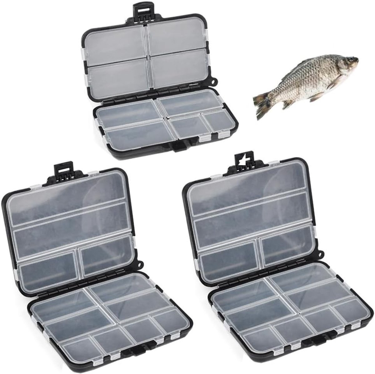 Set van 3 Vissers Bait Boxen, Dubbele Compartimenten, Waterdichte Opbergdozen voor Aas, Compacte en Aanpasbare Vissersaccessoires met Handgreep